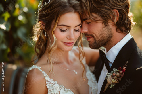 Close-up of a newlywed couple sharing a tender moment in a vineyard setting, displaying affection and happiness