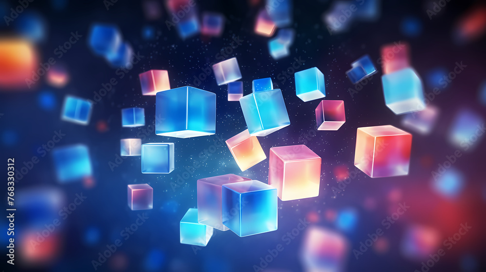Abstract colorful floating cube in motion, blockchain cube Abstract colorful floating cube in motion, blockchain cube