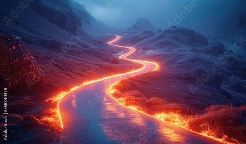 A fantasy landscape features a winding path with glowing edges suggestive of lava or unearthly energy carving through a mountain range © Dacha AI