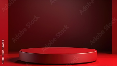 Modern dark red podium for product showcase. Cylinder shapes pedestal. Red background display. Empty stage. 3d render illustration
