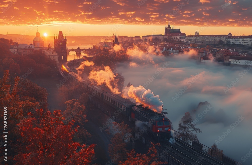 Stunning landscape of a steam train passing through thick fog with Prague landmarks in the background at sunrise
