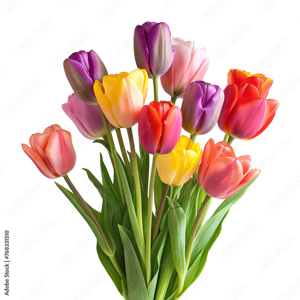 Colorful Flowers: Beautiful Fresh Tulips Bunch, Isolated on Transparent Background, PNG