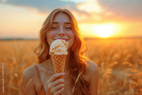 Woman enjoying ice cream in golden summer field. Generative AI image photo