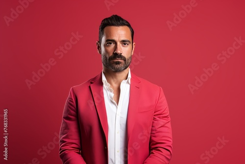 Handsome bearded Persian man in a red jacket over red background