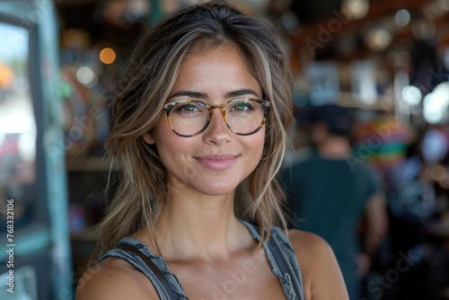 A portrait of a young woman with stylish eyewear and a pleasant smile, exemplifying casual elegance. Generative AI