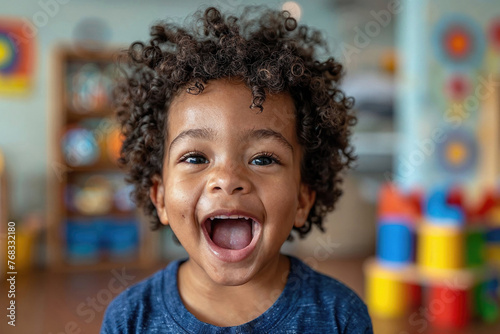 A child with a beaming smile in a playful setting, capturing the innocence and joy of childhood. Generative AI photo