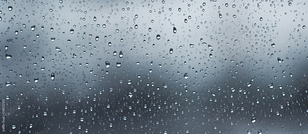 Close-up view of a window covered in rain with multiple raindrops creating a pattern on the glass Close-up view of a window covered in rain with multiple raindrops creating a pattern on the glass