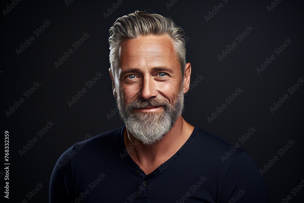 Portrait of a handsome mature man with grey beard and mustache.