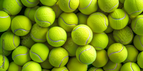 Many tennis balls in the basket on tennis court  Close up of tennis balls Sports background Lots of vibrant tennis balls, pattern of new tennis balls for background. © sumia