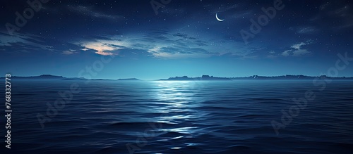 A serene view of the moon casting its glow over the tranquil ocean waters, with a small boat visible in the distance