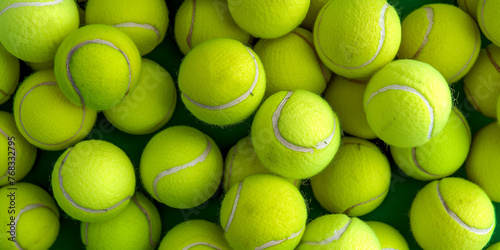  Tennis balls on the court Close-up. Selective focus Tennis Balls Pile. Top View Of Sport Game Equipment. Lots Green Balls Background Festive Tennis ball banner. © sumia