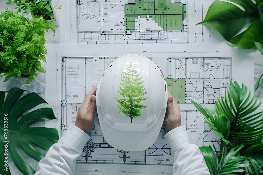 Promoting Environmental Sustainability: Architects and Engineers Implement Green Building Practices in Construction Blueprints. Concept Green Building Practices, Environmental Sustainability - obrazy, fototapety, plakaty 