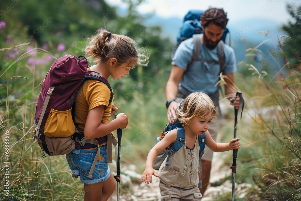 Happy young family with two children enjoying a hike in nature, wearing backpacks and walking with hiking poles Happy young family with two children enjoying a hike in nature, wearing backpacks and walking with hiking poles