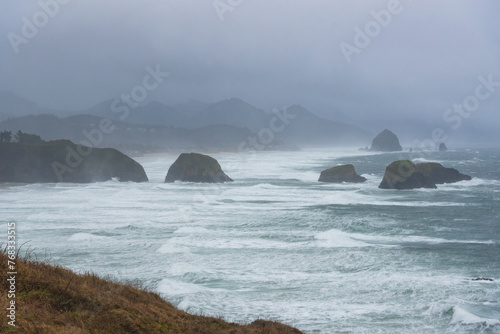 Ecola State Park, Cannon beach, Oregon in cloudy day photo