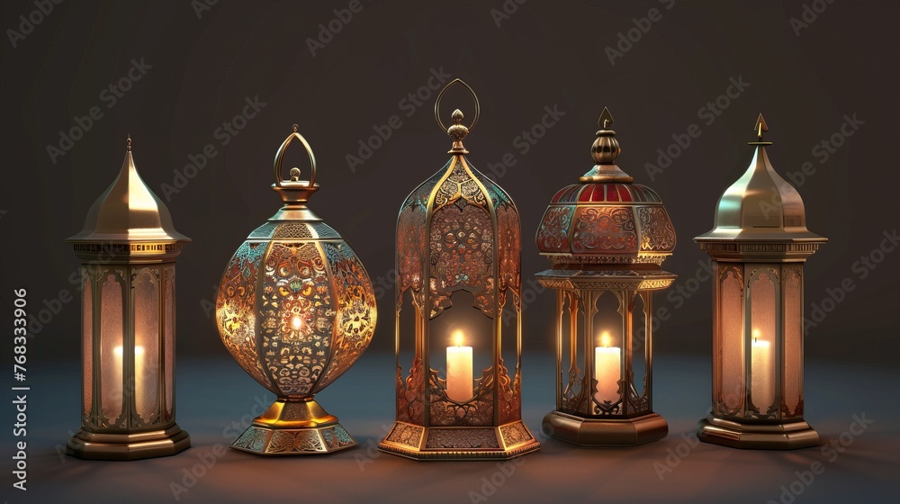 Realistic 3D vector illustrations of Arabic lamps and gold lanterns with traditional arabesque ornaments and spaces for candles, ideal for Ramadan Realistic 3D vector illustrations of Arabic lamps and gold lanterns with traditional arabesque ornaments and spaces for candles, ideal for Ramadan