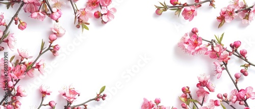 Frame of spring flowering branches on white background.