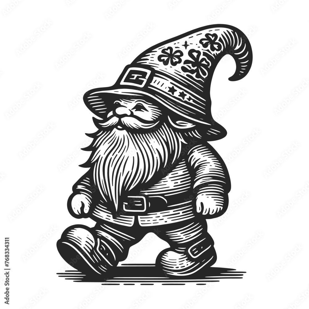 Naklejka premium cheerful garden gnome with a tall hat and a long, bushy beard sketch engraving generative ai fictional character vector illustration. Scratch board imitation. Black and white image.