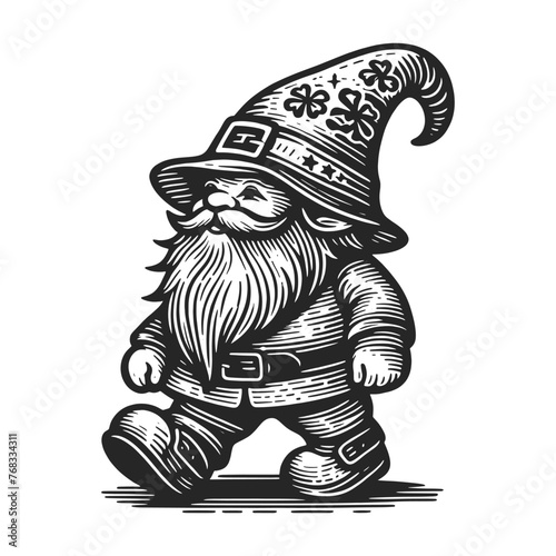 cheerful garden gnome with a tall hat and a long, bushy beard sketch engraving generative ai fictional character vector illustration. Scratch board imitation. Black and white image.
