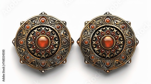 Two vintage boho-style buttons or brooches, depicted as isolated fashion accessories with intricate designs