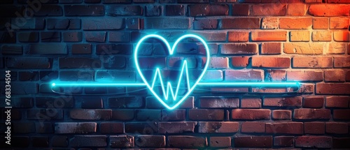 Heartbeat neon tubes icon illuminating a brick wall with blue glowing light 3D rendering