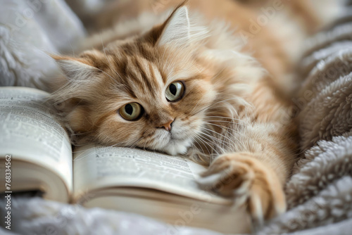 Ginger cat lounging on an open book. Generative AI image photo