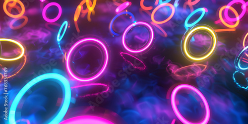 Colorful neon wave & line abstract art for graphic resource, design background or texture. This background have blur donut shaped bokeh. White and red, pink, green, blue scattered throughout.