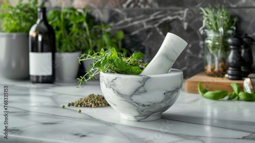 Marble mortar and pestle set on a kitchen countertop, essential for grinding fresh herbs and spices.
