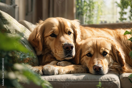 Two golden retriever dogs lie in home on sofa