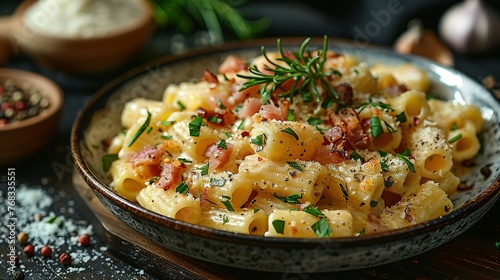 Piatto di deliziosi rigatoni alla carbonara, una ricetta tradizionale di pasta con salsa di uovo, guanciale, pecorino e pepe nero della cucina romana, pasta italiana, cibo europeo