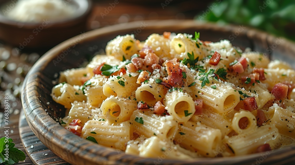 Piatto di deliziosi rigatoni alla carbonara, una ricetta tradizionale di pasta con salsa di uovo, guanciale, pecorino e pepe nero della cucina romana, pasta italiana, cibo europeo Piatto di deliziosi rigatoni alla carbonara, una ricetta tradizionale di pasta con salsa di uovo, guanciale, pecorino e pepe nero della cucina romana, pasta italiana, cibo europeo