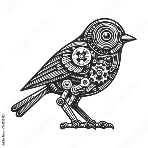 Intricate mechanical bird illustration in a black and white engraving style sketch engraving generative ai fictional character vector illustration. Scratch board imitation. Black and white image.