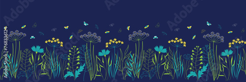 Seamless border with allium, cornflower, vines and butterflies. Endless horizontal border for home decor, easter, kitchen interior, background or other design. Vector ilustration. Not AI created.