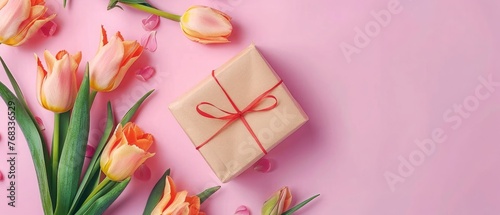 tulips and gift box on pink background. Stylish soft image of spring flowers. Happy womens day. Happy Mothers day