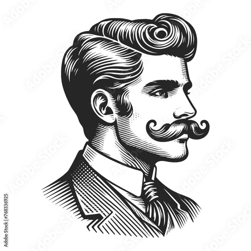 Man with styled mustache and confident expression, showcasing vintage fashion generative ai fictional character vector illustration. Scratch board imitation. Black and white image.