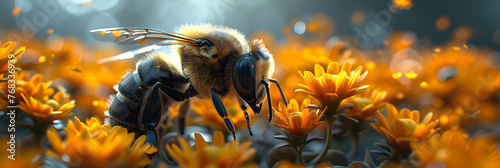 Bees pollinate food crops, cute 3D anime style,
Busy honey bee working in the meadow collecting pollen from flowers  photo