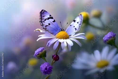 Wonderful wild blossoms chamomile, purple wild peas, butterfly in morning fog in nature close-up large scale. Scene wide organize, duplicate space, cool blue tones. Generative AI