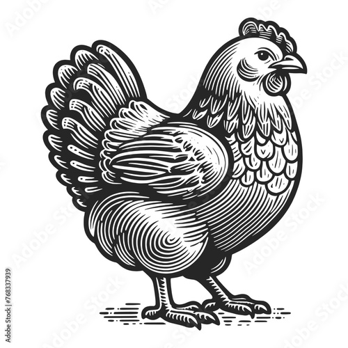 Chicken hen poultry bird farm animal sketch engraving generative ai fictional character vector illustration. Scratch board imitation. Black and white image.