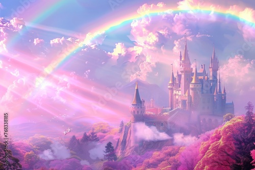 The imagination reigns supreme  as a princess s castle kingdom  adorned in white and pink with a rainbow arching overhead  faces a threat against its dreamlike environment.