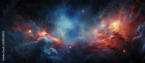 Cosmic scene depicting a surreal dark blue and orange nebula with a scattering of shimmering stars in the vast universe