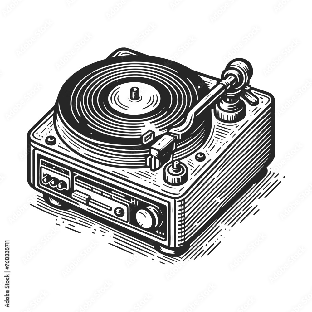 Classic vinyl record player in detailed sketch engraving generative ai fictional character vector illustration. Scratch board imitation. Black and white image. - obrazy, fototapety, plakaty 