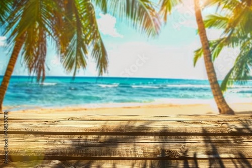 Wooden old table of free space for your decoration. Summer beach landscape with palms and ocean. Summer suny day and sun light. generative ai. © SEUNGJIN