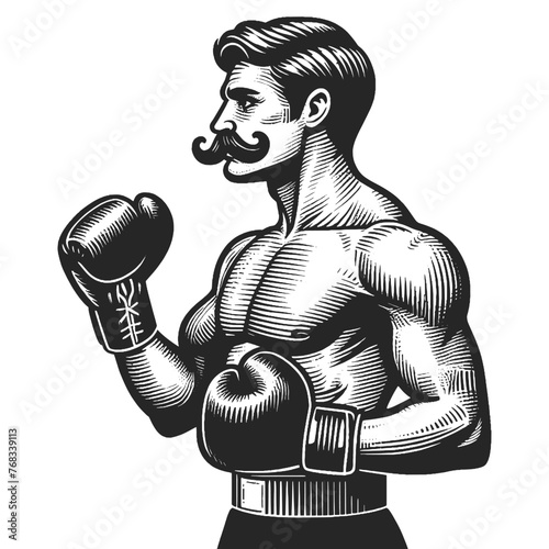 Old fashioned Vintage Boxer with Gloves gentleman man classic mustache sketch engraving generative ai fictional character vector illustration. Scratch board imitation. Black and white image.