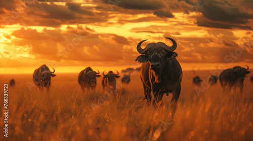 a group of buffaloes walking through the savanna photo