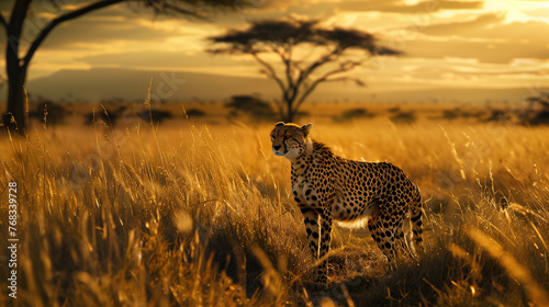 a gepard standing among the savanna grass