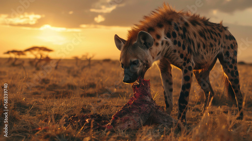 Hyena eating its prey in the savanna