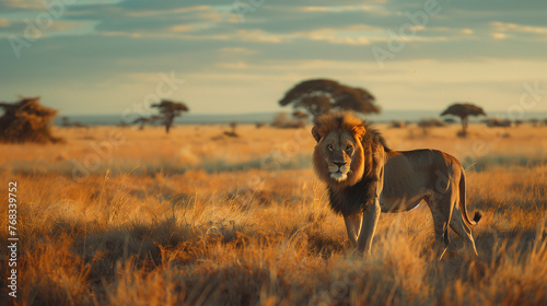 A lion standing still in the savanna