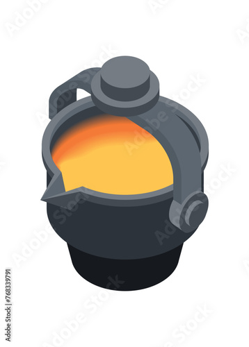 Metal smelter ladle. Simple flat illustration in isometric view.