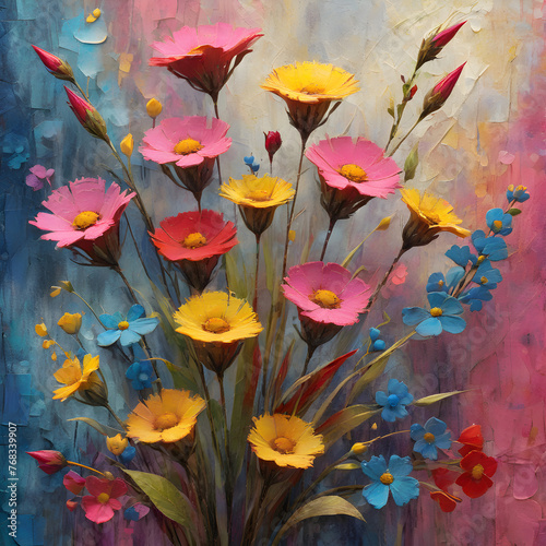 Background with flowers. Oil brushstrokes celebrating spring's colors. © erhapetemplate