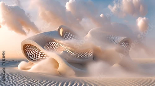 Futuristic Desert Architecture Against Cloudy Sky with Ai generated.
 photo