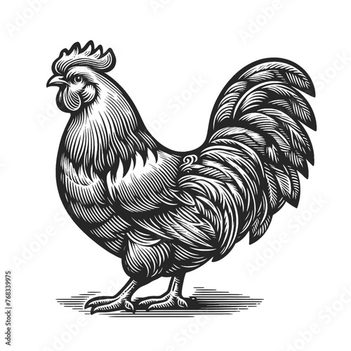 Rooster farm animal sketch engraving generative ai fictional character vector illustration. Scratch board imitation. Black and white image.